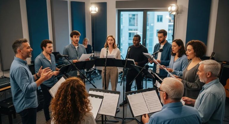 Group voice lesson with diverse participants and a vocal coach in a music studio