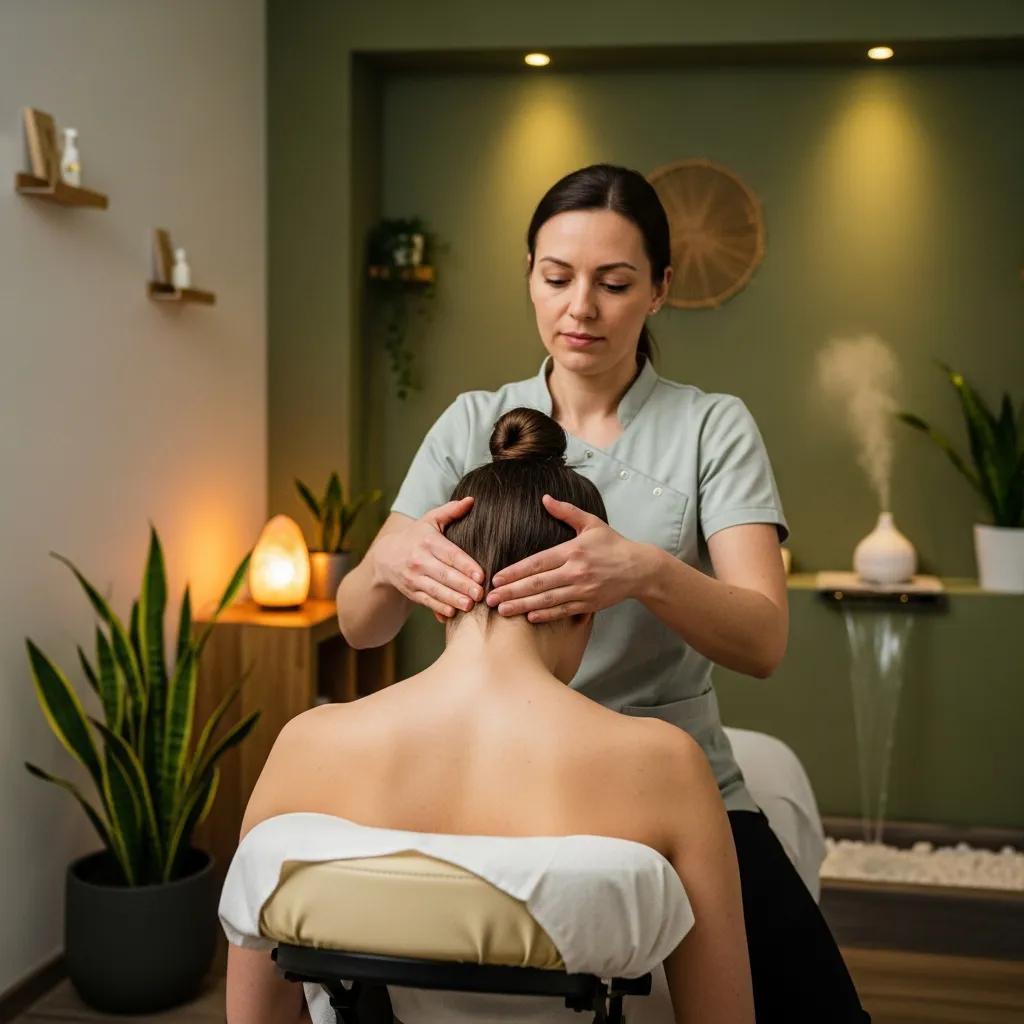 Person receiving a neck and shoulder massage in a calming wellness studio