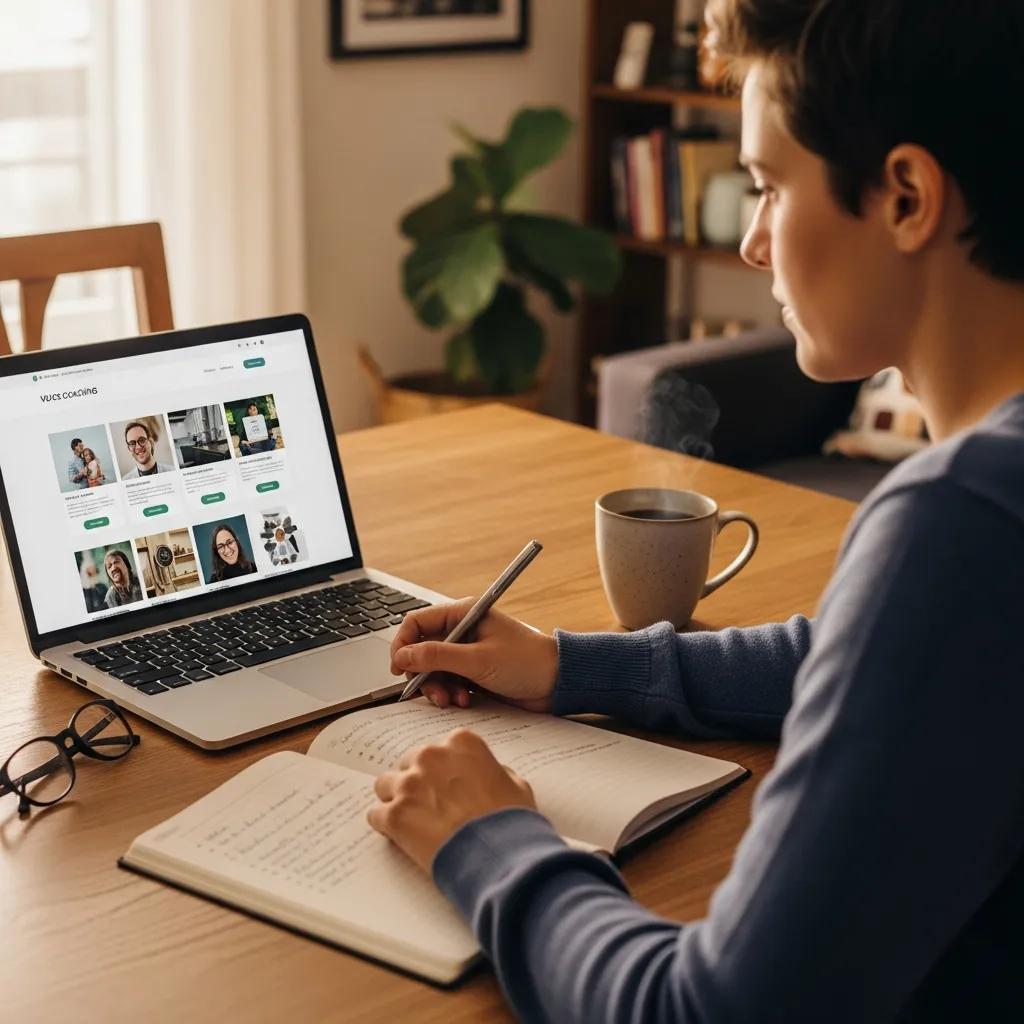 Person researching local voice coaches on a laptop in a cozy setting